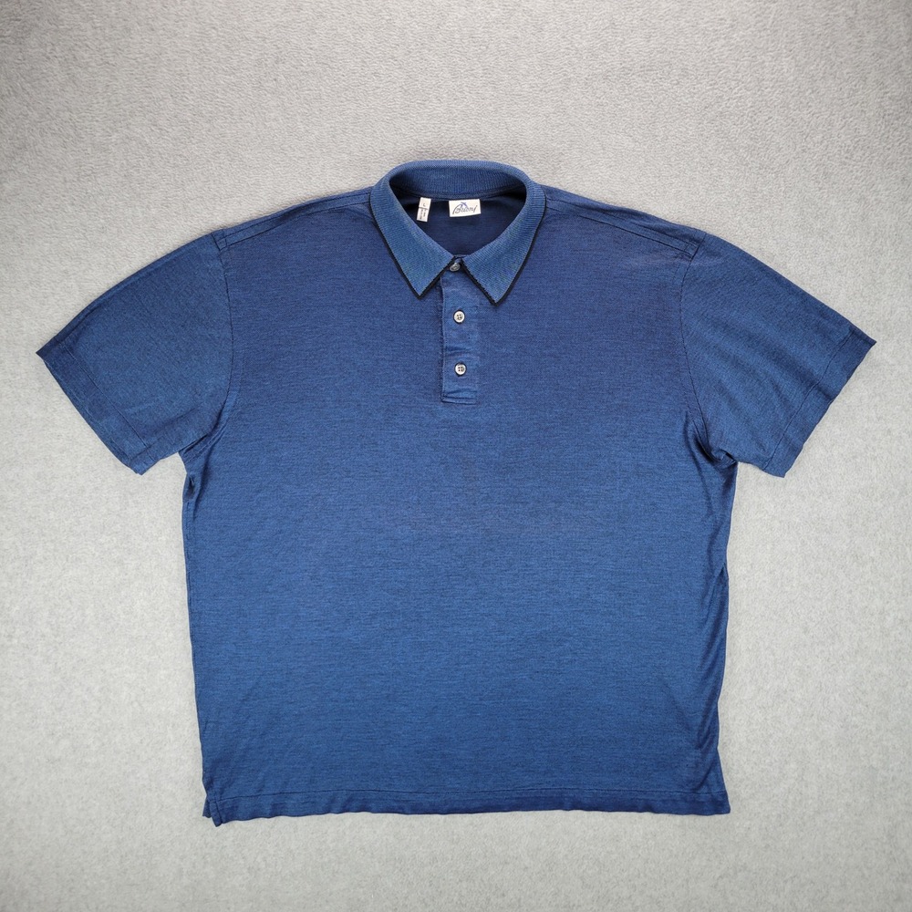 Brioni Polo Shirt Mens Large Blue Short Sleeve Cotton Pique Thin Italy Vintage